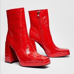 Red Faux Leather square toe Nasty Gal boots